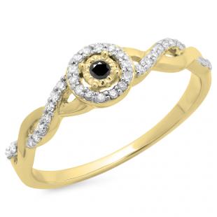 0.20 Carat (ctw) 18K Yellow Gold Round Black & White Diamond Ladies Bridal Halo Style Swirl Split Shank Promise Ring 1/5 CT