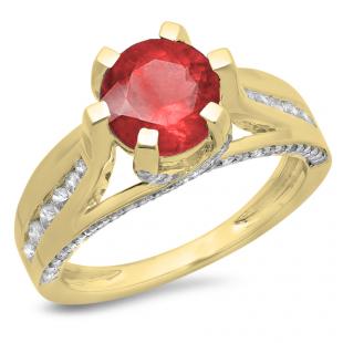 2.80 Carat (ctw) 14K Yellow Gold Round Cut Ruby & White Diamond Ladies Solitaire With Accents Bridal Engagement Ring