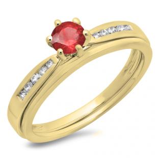 0.50 Carat (ctw) 18K Yellow Gold Round Cut Ruby & White Diamond Ladies Bridal Engagement Ring With Matching Band Set 1/2 CT