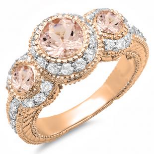2.00 Carat (ctw) 10K Rose Gold Round Morganite And White Diamond Ladies Vintage Bridal Engagement 3 Stone Ring 2 CT