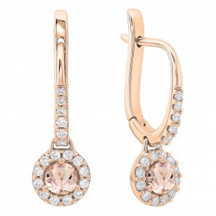 0.45 Carat (ctw) 10K Rose Gold Round Morganite & White Diamond Ladies Halo Style Dangling Drop Earrings 1/2 CT