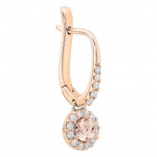 14K Rose Gold Round Morganite & White Diamond Ladies Halo Style Dangling Drop Earring 1/2 CT