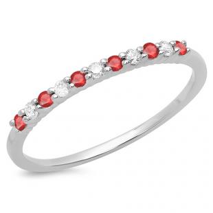 0.20 Carat (ctw) 14K White Gold Round Cut Ruby & White Diamond Ladies Stackable Anniversary Wedding Band 1/5 CT