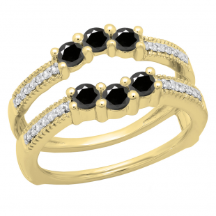 0.80 Carat (ctw) 14K Yellow Gold Round Cut Black & White Diamond Ladies Anniversary Wedding Band 3 Stone Enhancer Guard Double Ring 3/4 CT