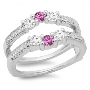 0.80 Carat (ctw) 18K White Gold Round Cut Pink Sapphire & White Diamond Ladies Anniversary Wedding Band 3 Stone Enhancer Guard Double Ring 3/4 CT