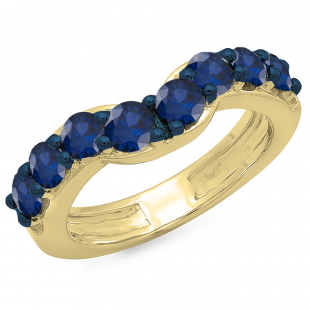 1.00 Carat (ctw) 14K Yellow Gold Round Blue Sapphire Ladies Anniversary Wedding Band Matching Ring 1 CT