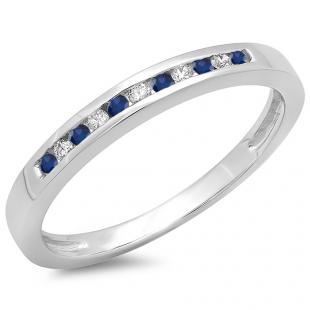0.15 Carat (ctw) 18K White Gold Round Blue Sapphire & White Diamond Ladies Anniversary Wedding Band Stackable Ring