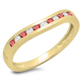 0.25 Carat (ctw) 10K Yellow Gold Round Cut Ruby & White Diamond Ladies Anniversary Wedding Band Stackable Ring 1/4 CT