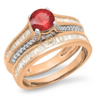1.25 Carat (ctw) 10K Rose Gold Round & Baguette Cut Ruby & White Diamond Ladies Vintage Bridal Engagement Ring Set 1 1/4 CT