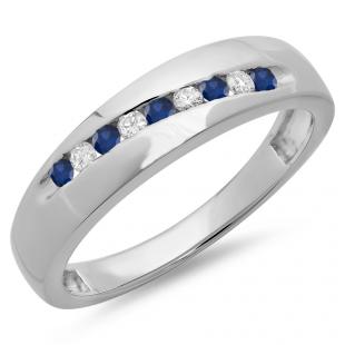 0.33 Carat (ctw) Sterling Silver Round Cut Blue Sapphire & White Diamond Men's Stackable Anniversary Wedding Band 1/3 CT