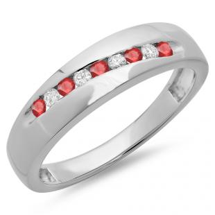 0.33 Carat (ctw) Sterling Silver Round Cut Ruby & White Diamond Men's Stackable Anniversary Wedding Band 1/3 CT