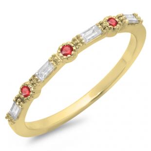 0.25 Carat (ctw) 14K Yellow Gold Round & Baguette Cut Ruby & White Diamond Ladies Milgrain Anniversary Wedding Band 1/4 CT