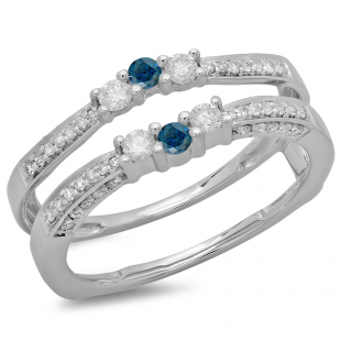 0.50 Carat (ctw) 10K White Gold Round Cut Blue & White Diamond Ladies Anniversary Wedding Band Enhancer Guard Double Ring 1/2 CT