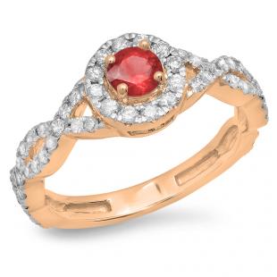 0.90 Carat (ctw) 18K Rose Gold Round Ruby & White Diamond Ladies Swirl Split Shank Bridal Halo Engagement Ring