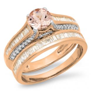 1.25 Carat (ctw) 14K Rose Gold Round & Baguette Cut Morganite & White Diamond Ladies Vintage Bridal Engagement Ring Set 1 1/4 CT
