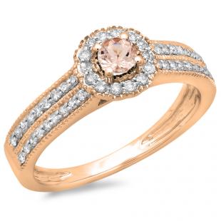 0.50 Carat (ctw) 18K Rose Gold Round Morganite & White Diamond Ladies Bridal Halo Style Cluster Engagement Ring 1/2 CT