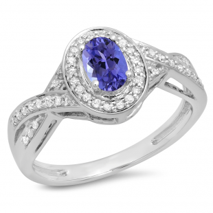 0.75 Carat (ctw) 10K White Gold Oval & Round Cut Tanzanite & White Diamond Ladies Swirl Split Shank Bridal Halo Engagement Ring 3/4 CT