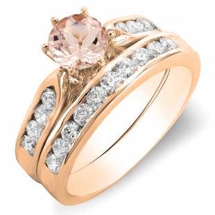 1.00 Carat (ctw) 14k Rose Gold Round Morganite & White Diamond Ladies Bridal Engagement Ring Set With Matching Band 1 CT