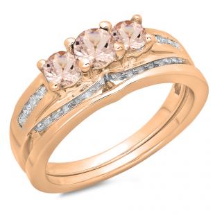 1.10 Carat (ctw) 10K Rose Gold Round Morganite & White Diamond Ladies Bridal 3 Stone Engagement Ring With Matching Band Set 1 CT