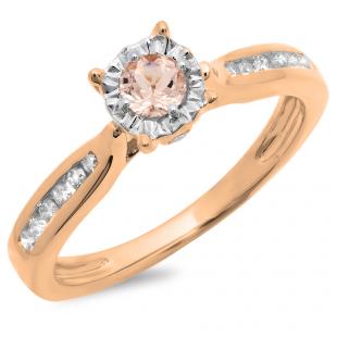 0.40 Carat (ctw) 18K Rose Gold Round Cut Morganite & White Diamond Ladies Bridal Solitaire With Accents Engagement Ring