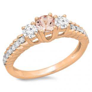 1.00 Carat (ctw) 14K Rose Gold Round Cut Morganite & White Diamond Ladies Bridal 3 Stone Engagement Ring 1 CT