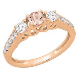 0.75 Carat (ctw) 18K Rose Gold Round Cut Morganite & White Diamond Ladies Bridal 3 Stone Engagement Ring 3/4 CT