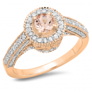 1.00 Carat (ctw) 10K Rose Gold Round Morganite & White Diamond Ladies Bridal Vintage Halo Style Engagement Ring 1 CT