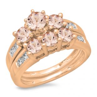 2.25 Carat (ctw) 18K Rose Gold Round Cut Morganite & White Diamond Ladies Bridal 3 Stone Engagement Ring With Matching Band Set 2 1/4 CT