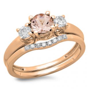 1.15 Carat (ctw) 14K Rose Gold Round Cut Morganite & White Diamond Ladies Bridal 3 Stone Engagement Ring With Matching Wedding Band Set