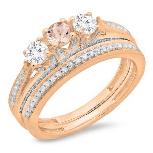 1.00 Carat (ctw) 18K Rose Gold Round Cut Morganite & White Diamond Ladies Bridal 3 Stone Engagement Ring With Matching Band Set 1 CT