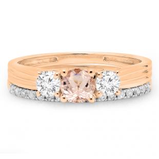 1.00 Carat (ctw) 18K Rose Gold Round Cut Morganite & White Diamond Ladies Bridal 3 Stone Engagement Ring Matching Band Set 1 CT