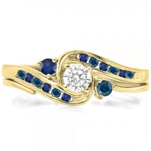 0.50 Carat (ctw) 10K Yellow Gold Round Blue & White Diamond & Blue Sapphire Ladies Swirl Bridal Engagement Ring Set 1/2 CT