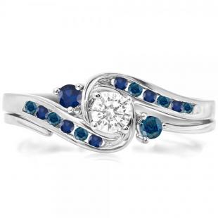 0.50 Carat (ctw) 14K White Gold Round Blue & White Diamond & Blue Sapphire Ladies Swirl Bridal Engagement Ring Set 1/2 CT