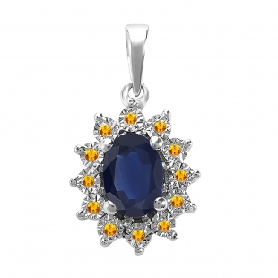 1.00 Carat (ctw) Kate Middleton Diana Replica 14K White Gold Real Round Citrine With Real Oval Blue Sapphire Ladies Pendant
