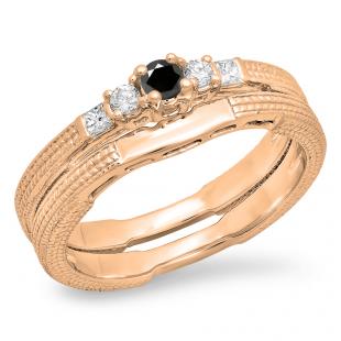 0.30 Carat (ctw) 10K Rose Gold Round & Princess Black & White Diamond Ladies 5 Stone Bridal Engagement Ring Matching Band Set 1/3 CT