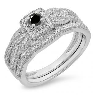 0.45 Carat (ctw) 10K White Gold Round White & Black Diamond Ladies Bridal Halo Engagement Ring With Matching Band Set 1/2 CT