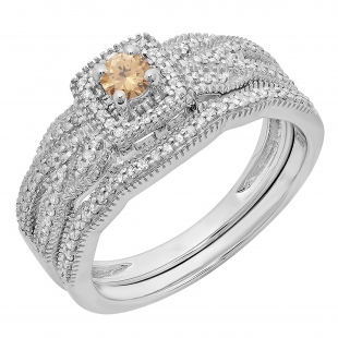 0.45 Carat (ctw) 10K Rose Gold Round Ruby & Champagne Diamond Ladies Bridal Halo Engagement Ring With Matching Band Set 1/2 CT