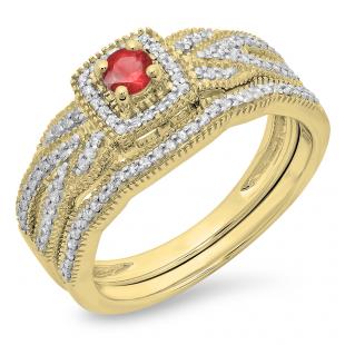 0.45 Carat (ctw) 18K Yellow Gold Round Ruby & White Diamond Ladies Bridal Halo Engagement Ring With Matching Band Set 1/2 CT
