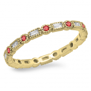 0.40 Carat (ctw) 18K Yellow Gold Round & Baguette Ruby & White Diamond Ladies Vintage Style Anniversary Wedding Eternity Band Stackable Ring