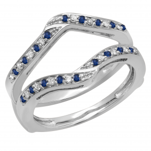 0.30 Carat (ctw) 10K White Gold Round Blue Sapphire & White Diamond Ladies Anniversary Wedding Band Enhancer Guard Double Ring 1/3 CT