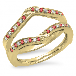 0.30 Carat (ctw) 14K Yellow Gold Round Ruby & White Diamond Ladies Anniversary Wedding Band Enhancer Guard Double Ring 1/3 CT