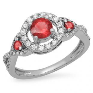 0.90 Carat (ctw) 18K White Gold Round Ruby & White Diamond Ladies 3 Stone Swirl Halo Vintage Bridal Engagement Ring