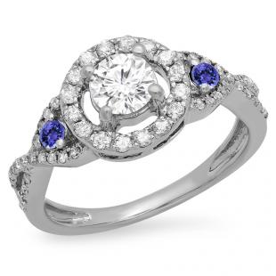 0.90 Carat (ctw) 18K White Gold Round Tanzanite & White Diamond Ladies 3 Stone Swirl Halo Vintage Bridal Engagement Ring