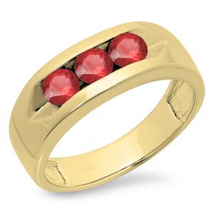 1.10 Carat (ctw) 14K Yellow Gold Round Ruby Men's Channel Set 3 Stone Anniversary Wedding Band 1 CT