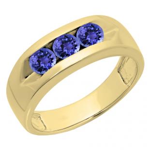 1.10 Carat (ctw) 14K Yellow Gold Real Round Tanzanite Men's Channel Set 3 Stone Anniversary Wedding Band 1 CT