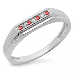 0.10 Carat (ctw) Sterling Silver Round Cut Ruby & White Diamond Men's 7 Stone Stackable Anniversary Wedding Band 1/10 CT