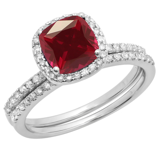 1.75 Carat (ctw) 18K White Gold Cushion Cut Ruby & Round Cut White Diamond Ladies Bridal Halo Engagement Ring With Matching Band Set 1 3/4 CT