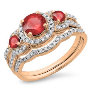 1.40 Carat (ctw) 10K Rose Gold Round Ruby & White Diamond Ladies 3 Stone Halo Bridal Engagement Ring With Matching Band Set