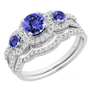 1.66 Carat (ctw) 14K White Gold Round Tanzanite & White Diamond Ladies 3 Stone Halo Bridal Engagement Ring With Matching Band Set