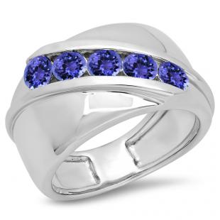 1.00 Carat (ctw) Sterling Silver Real Round Tanzanite Men's Channel Set 5 Stone Anniversary Wedding Band 1 CT